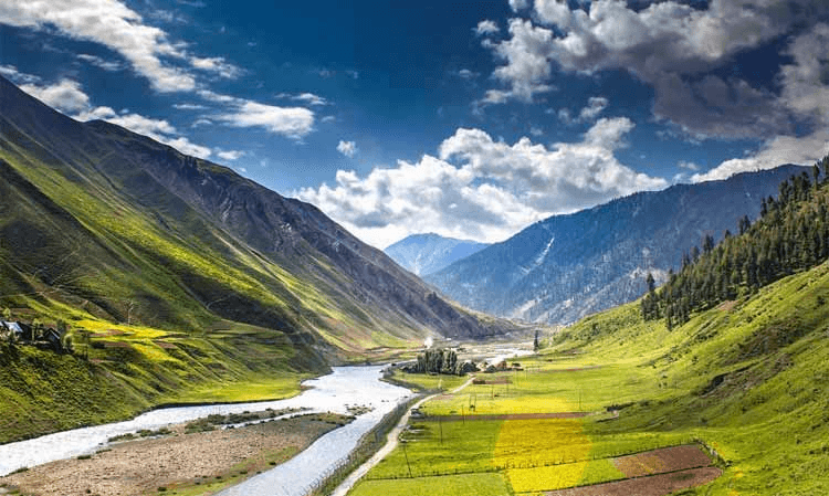 The green Gurez Valley with the river winding through