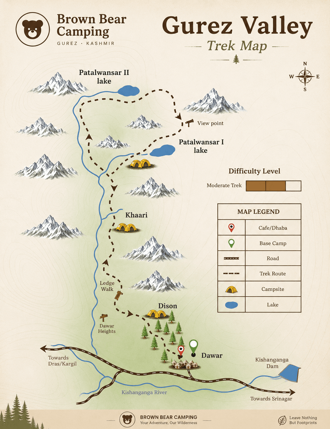 Brown Bear Camping illustrated Gurez Valley trek map — the route from Dawar basecamp to the Patalwansar lakes